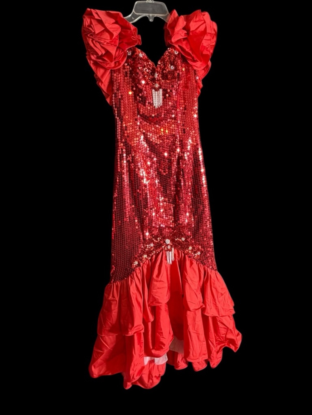 Alyce Designs 80s Vintage Red Sequined Pearls Mermaid Prom Formal Dress Sz 6